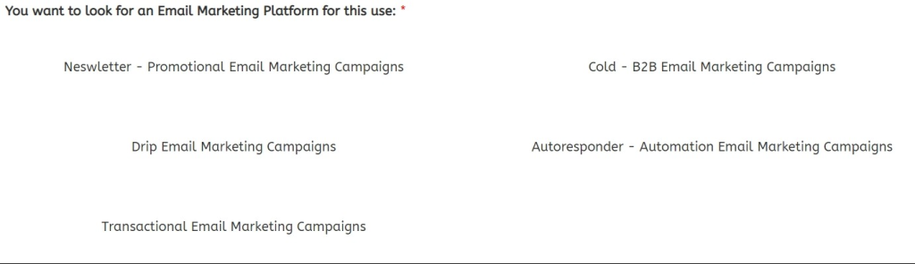 Email Marketing Comparison Tool Required Field 1