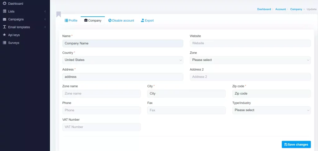 Mailwizz tutorial create a company profile