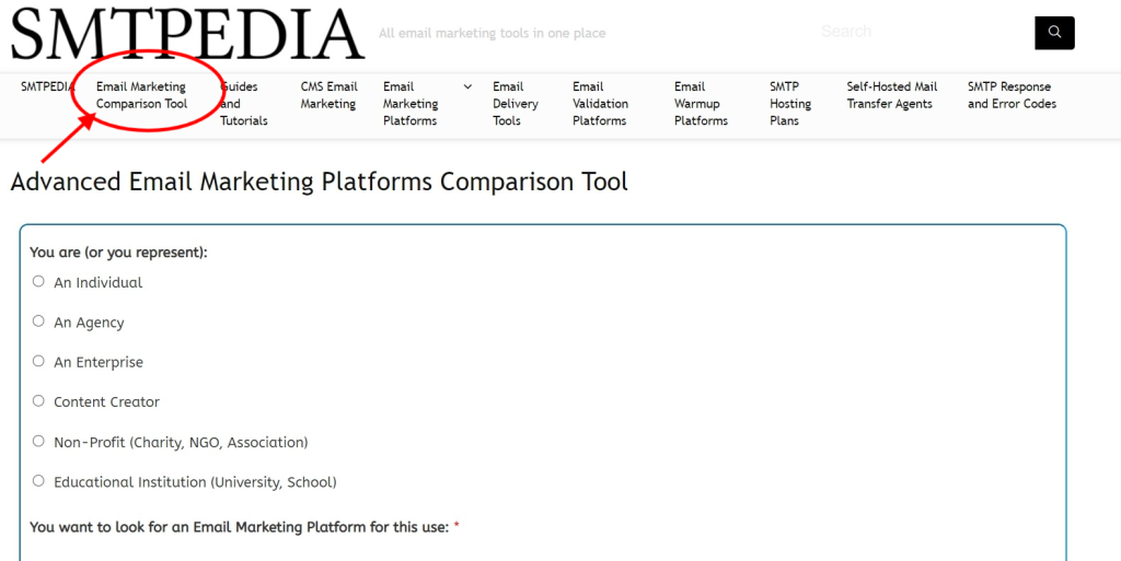 Email Marketing Comparison Tool menu tab