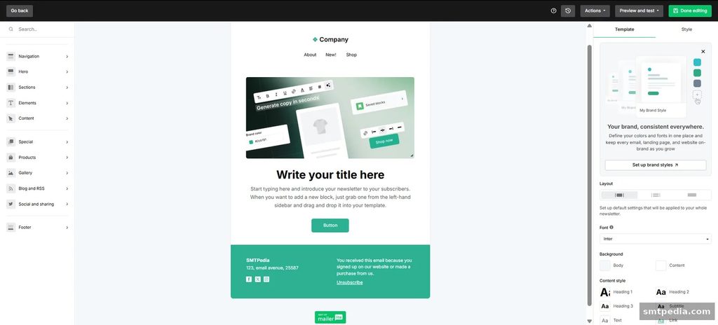 MailerLite drag and drop email editor with brand styles panel