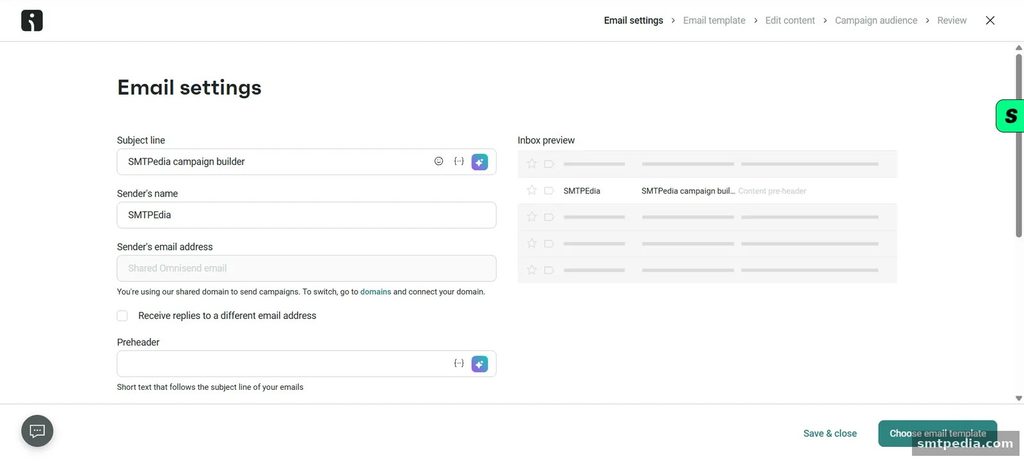 Omnisend ecommerce campaign builder email settings screen