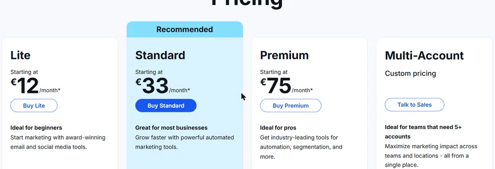Constant Contact pricing page showing the Lite, Standard, Premium and Multi-Account plans