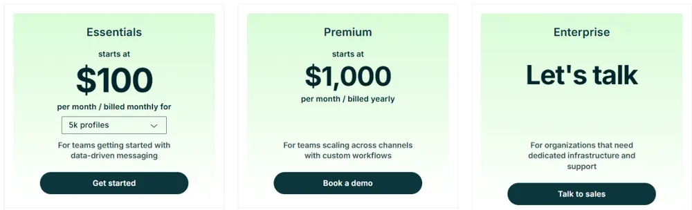 Customer.io pricing page showing the Essentials, Premium and Enterprise plans