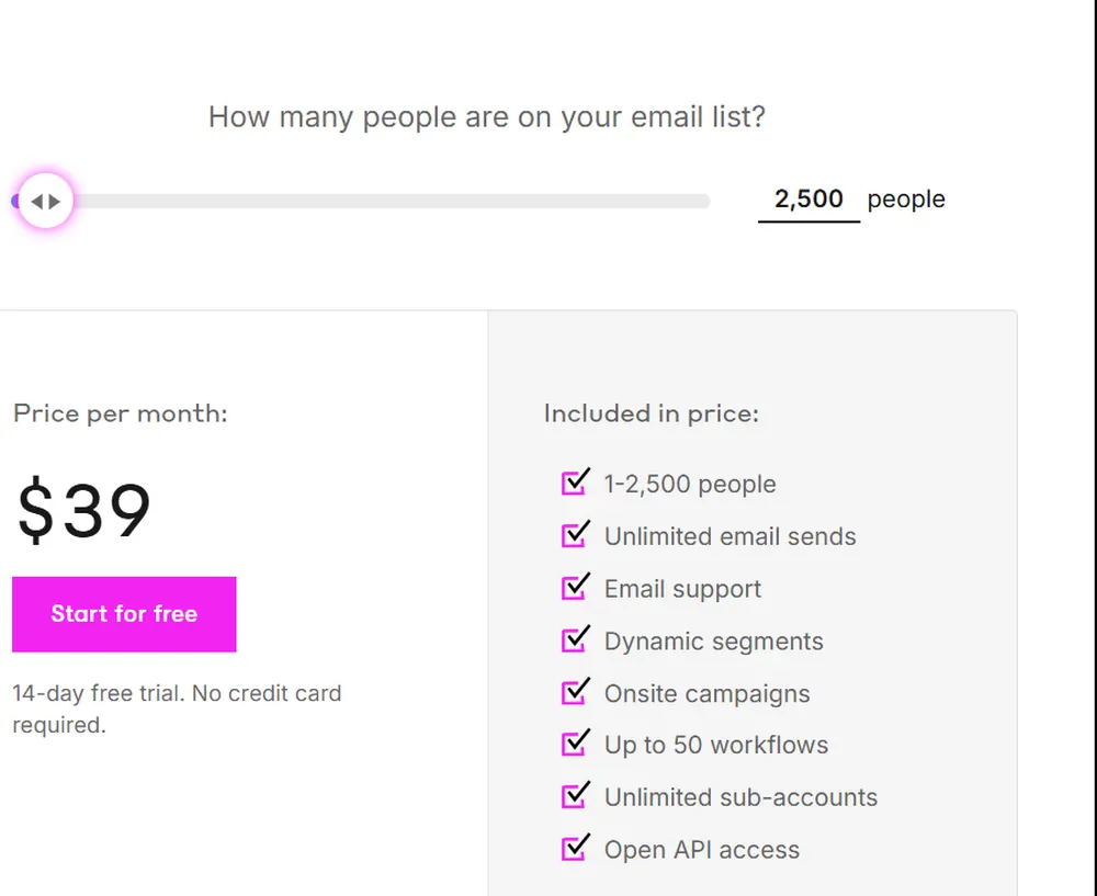 drip pricing 2026 08 24 Drip pricing page with the subscriber slider set to 2,500 people